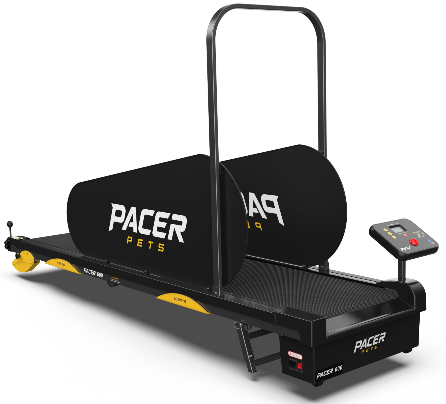 PACER 600 dog treadmill in matte black with yellow adaptive accents and console