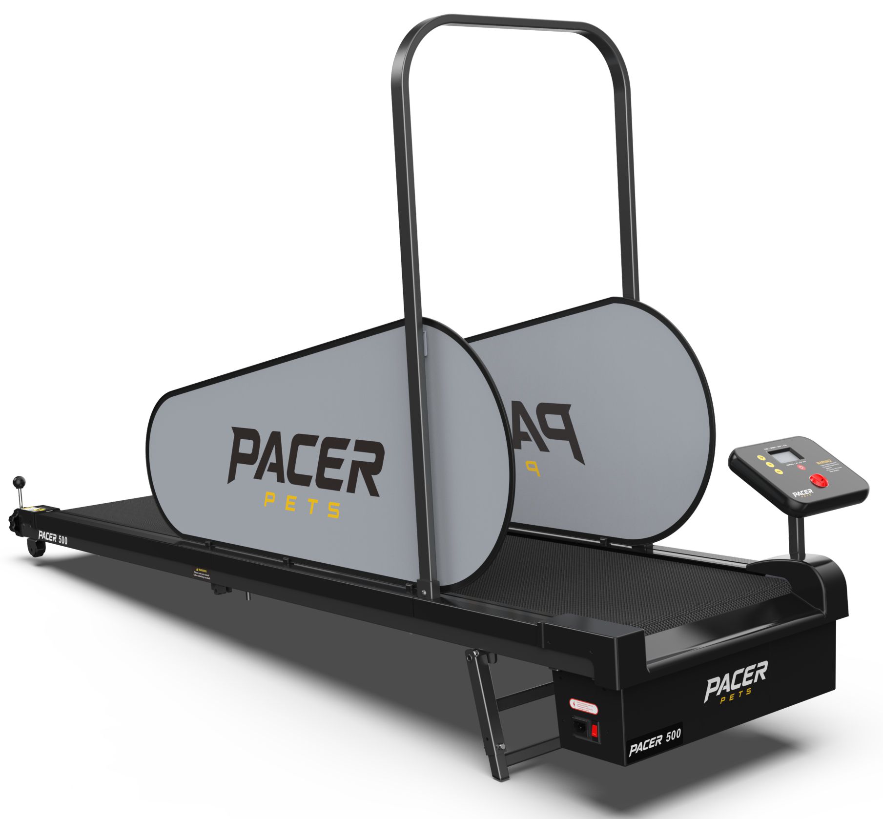 PACER 500 dog treadmill with grey safety side panels and a yellow-accented console